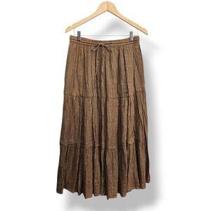 Y2K Tiered Maxi Skirt Tan Gold Metallic L Elastic Waist Boho Gypsy Hippie Fairy